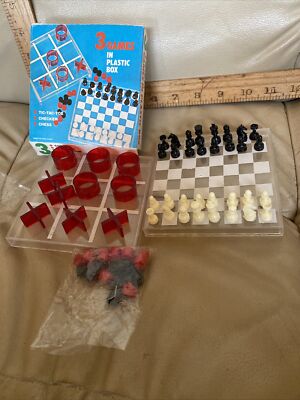 Vtg COMPLETE Travel board games 3 IN 1 PLASTIC BOX CHECKERS CHESS
