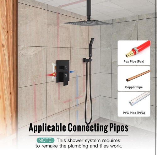 Matte Shower System 12 Inch Luxury Rain Mixer Shower Combo Set Matte Black - Picture 3 of 9