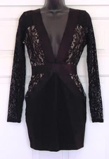 Y2K Stretch Lace Over Nude Black BEBE Mini Cocktail Dress Deep V Neck & Back S