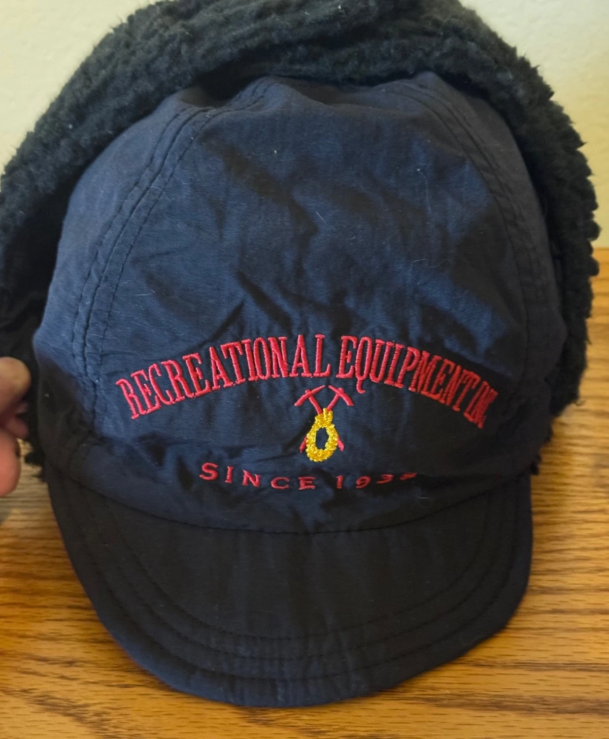 VTG 90’s REI Duck Bill Fleece Trapper Hat Cap L/XL Black Ear Flap Made In USA