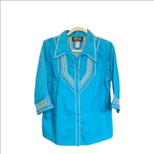 Vtg Bob Mackie Shirt Turquoise Ric Rac Embroidered Button Down Lg Western Boho
