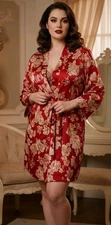 Vintage Delicates 100% Silk Robe Floral Size Medium Pockets Belted Red/Wine Gold