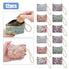 12PCS Small Canvas Coin Purse with Wrist Handle Zipper Pouch Mini Wallet Flower