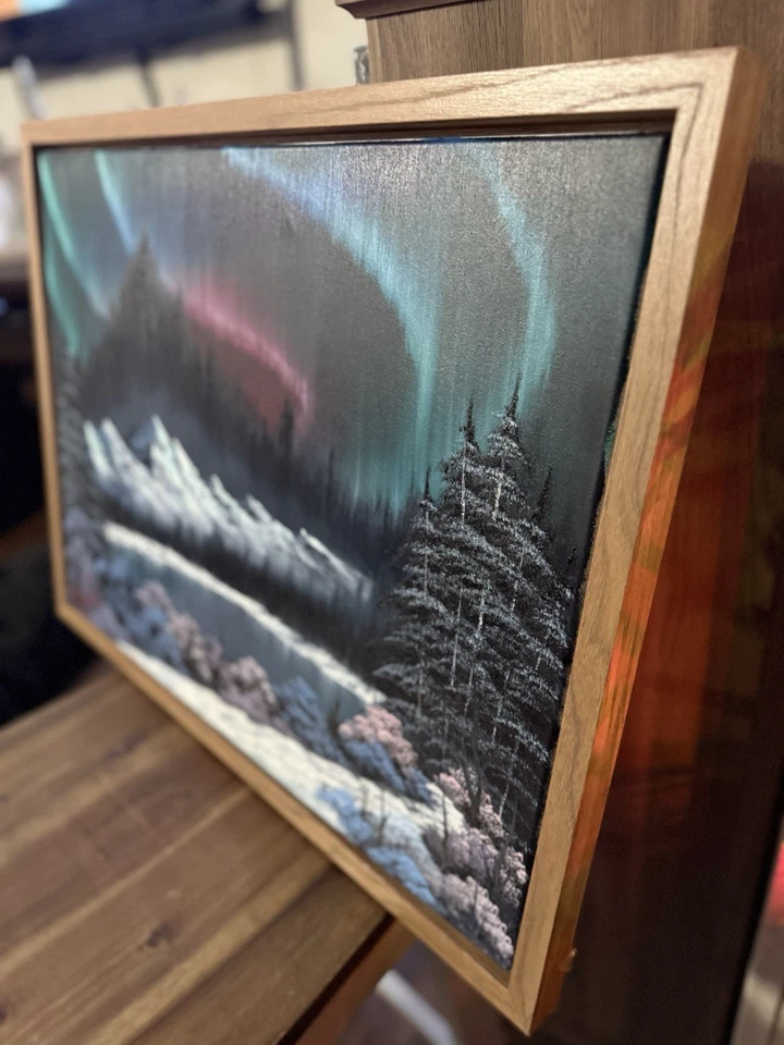 Pintura al óleo original 18x24 “Aurora Polaris” arte enmarcado (estilo Bob Ross) Foto 3 de 4
