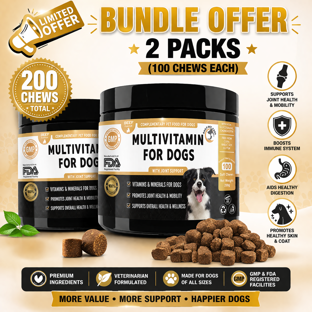 Dog Multi Vitamins Chew, Probiotics For Dogs For Immune System, Gut, Dog Joint