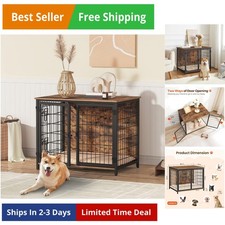 Dog Crate Furniture with Cushion, Wooden Dog Kennel with Double Doors, Heavy ...