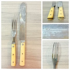 Primitive Antique 1800s Meriden Cutlery Bone Handle Fork Knife Pair Civil War #3