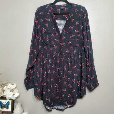 Torrid Emma Babydoll Crinkle Gauze Tunic Top Size 2X Black Red Rose Print 2022