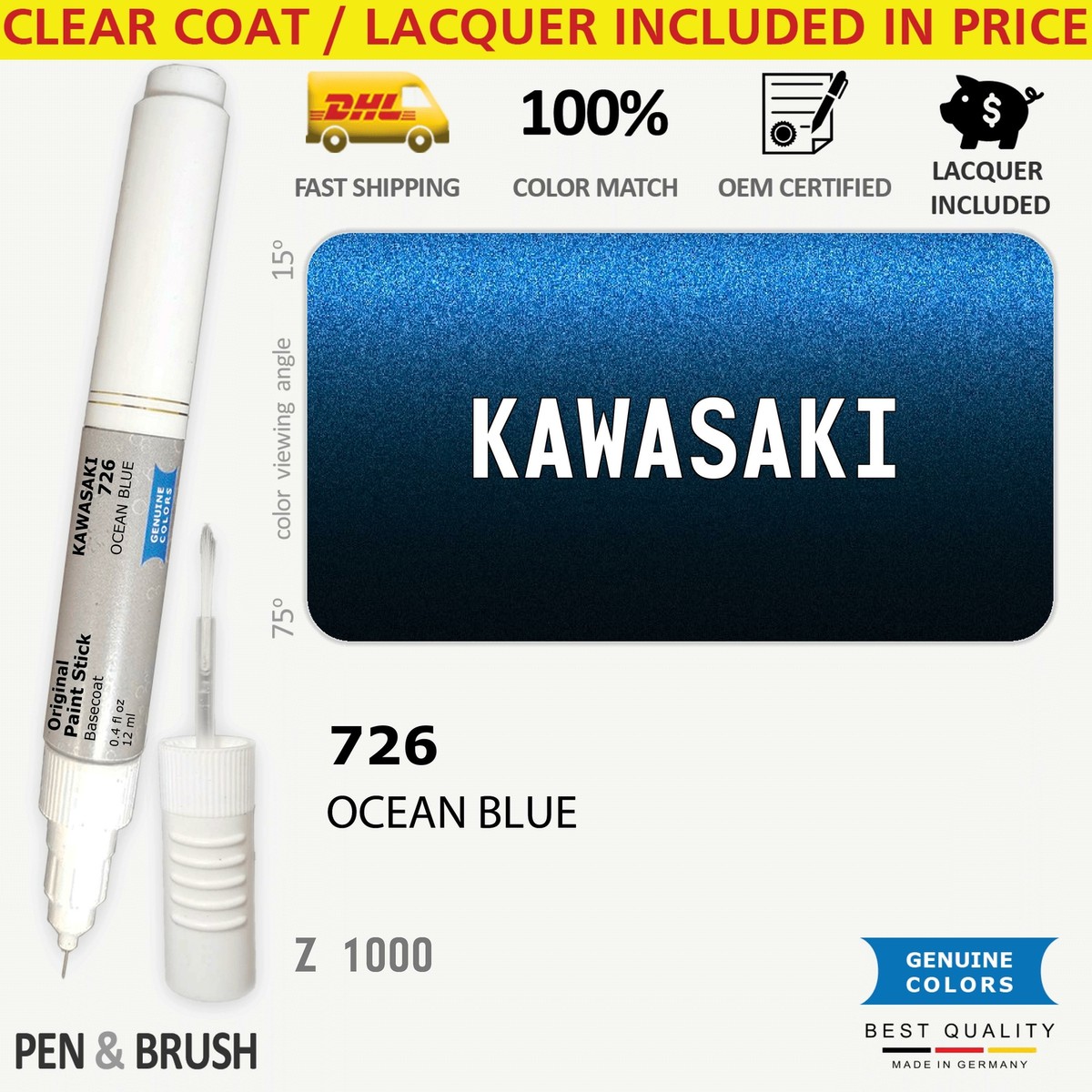 726 Touch Up Paint for Kawasaki Blue Z 1000 OCEAN BLUE Pen 726 Touch Up Paint for Kawasaki Blue Z 1000 OCEAN BLUE Pen