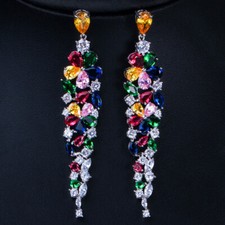 Silver Plated Colorful Flower Cubic Zirconia Long Dangle Drop Earrings for Women