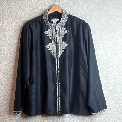 Drapers & Damons Womens Black Beaded Pearls Rhinestone Full Zip Jacket PLUS 1X