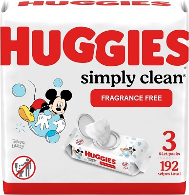 Huggies Simply Clean Fragrance-Free Baby Wipes, 3 Flip-Top Packs 192 Wipes