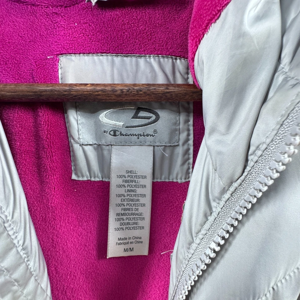 Chaqueta Champion Puffer Juvenil Talla Mediana M Plateada Rosa Poli Relleno Con Capucha Foto 4 de 4