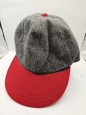 Vintage 90s Wool Hunting Cap Made in USA Elastic Strap Gray Red Winter Snow