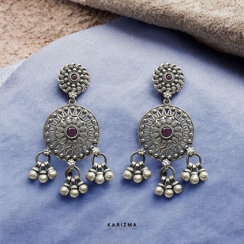 925 Sterling Silver Simulated Ruby designer Oxidized Dangle Women Earrings - Picture 4 of 6