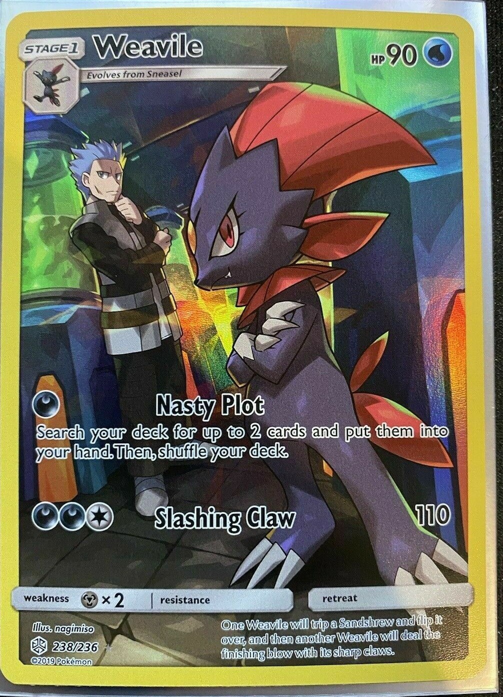 FULL ART Weavile (Cyrus Art) SECRET RARE 238/236 Pokemon Cosmic Eclipse Holo -LP