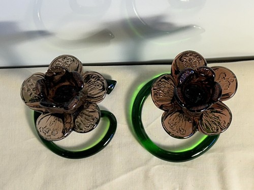 Art Glass Curly Stem Flower Petal Candle Holders Purple Murano style 6" tall H4 - Picture 4 of 11