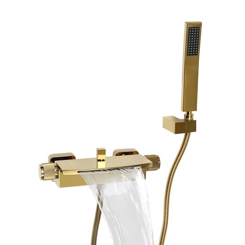 Rubinetto vasca da bagno oro cascata rubinetto set con brace a mano - Foto 11 di 17