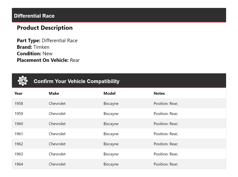 Para Chevrolet Biscayne 1958-1964 Diferencial Carrera Trasero Timken 1959 1960 1961 Foto 2 de 4