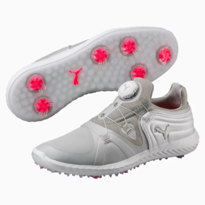 Damen Puma Ignite Blaze Sport Disc System Golf wasserdichte Schuhe, grau/weiß.