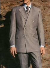 CANALI Milano Italy 2pc Gray Pin-Stripe 90s Blazer Suit Jacket Cuff Pants 56 46