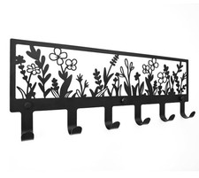 Floral Wall Mounted Coat Rack with 6 Hooks Decorative Black Metal Hanger for Coa
