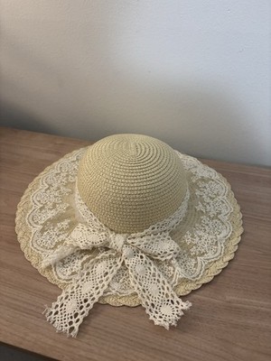 Girls Bienvenu Summer Straw Sun Hat New In Bag Beige White Trim Lace Bow