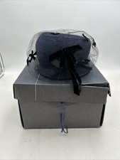 Vintage Valerie Modes Navy Blue Woven Straw Pillbox Hat Adjustable With Box