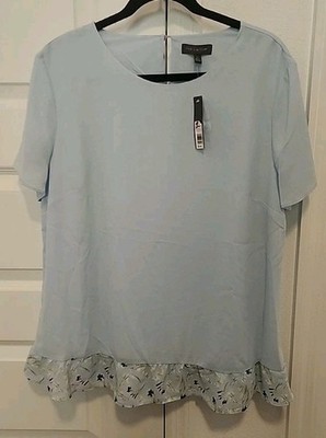 The Limited Womens Blue Top Blouse Short Sleeve Floral Ruffle hem Sz XL