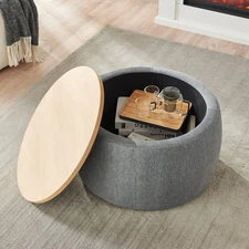 Round Storage Ottoman, Upholstered Coffee Table with Wooden Lid, 2 in 1 Function