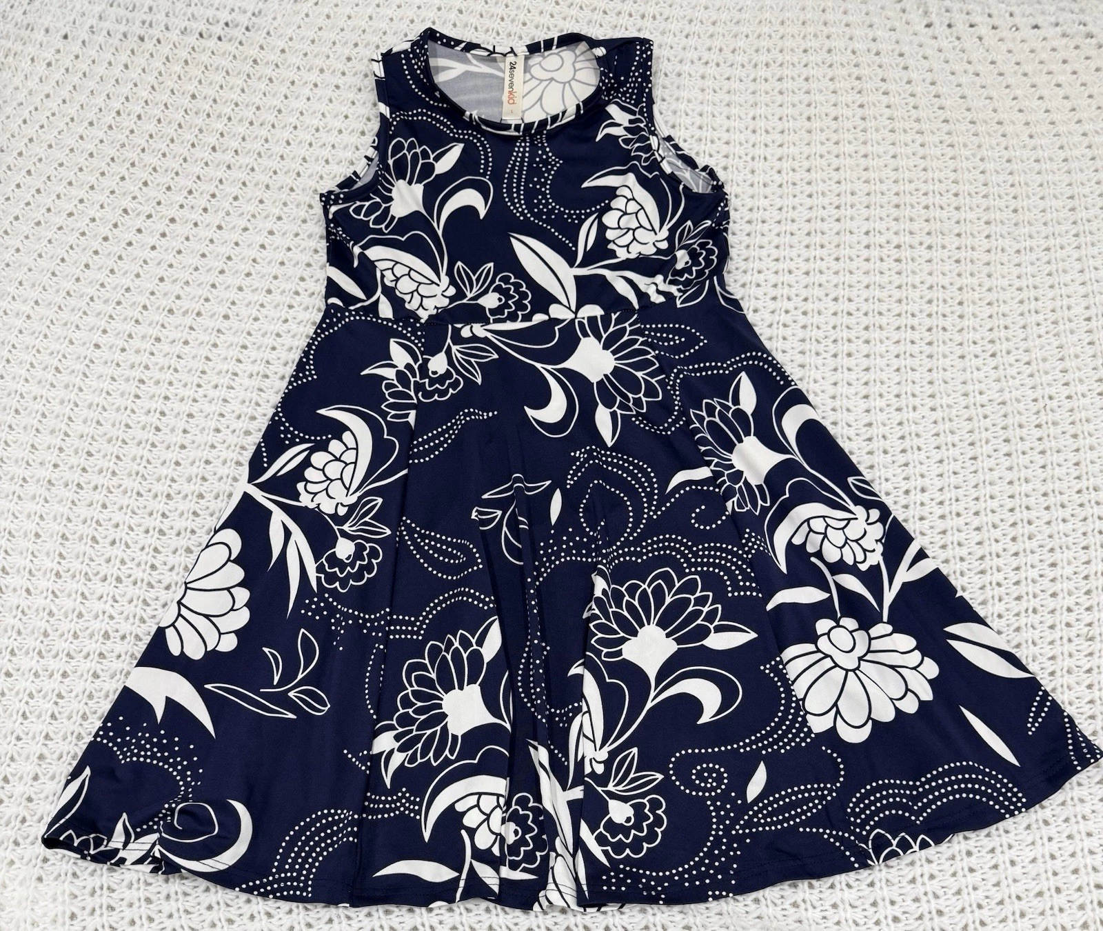 24seven Comfort Apparel Girls Sleeveless Fit + Flare Dress In Navy/white Size L.