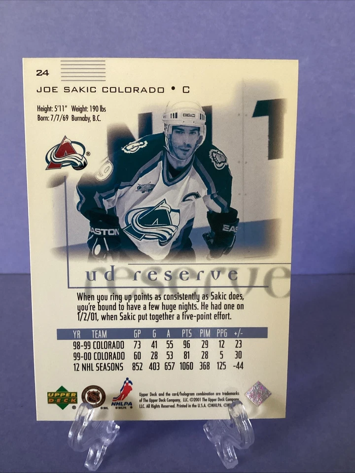 2000-01 UD Reserve #24 Joe Sakic Colorado Avalanche HOF - Image 2 of 2