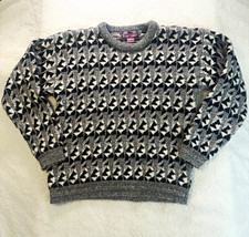 Vintage 90s Concrete Geometric Knit Sweater Medium Gray Black Retro Grandpa
