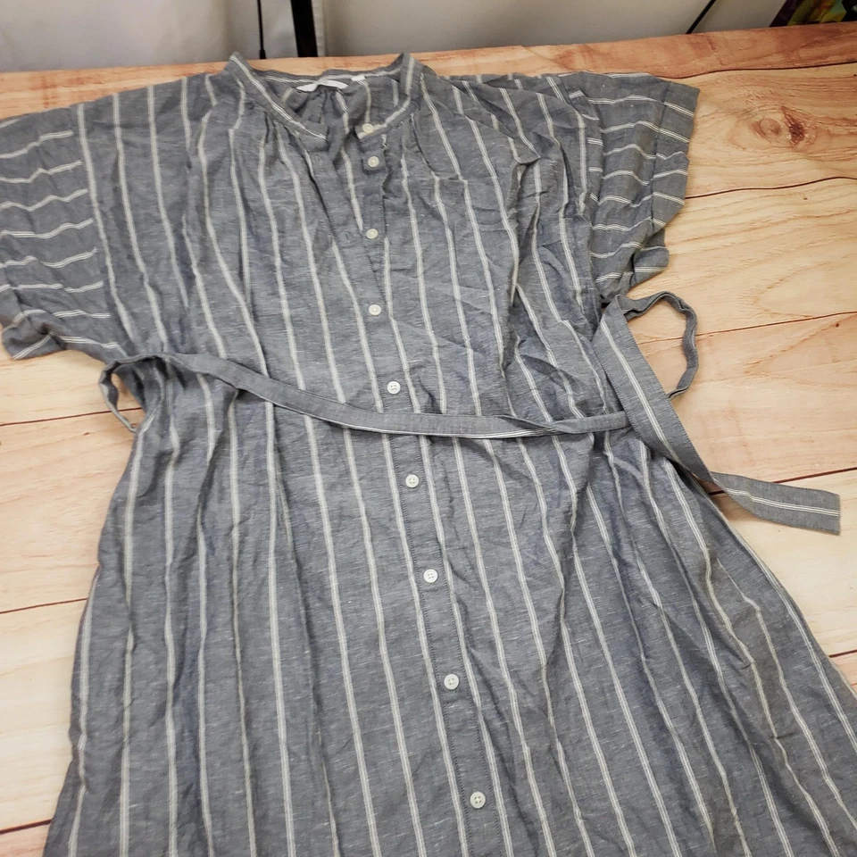 Uniqlo Dress Womens Extra Large Gray Striped Button Front Belted Midi Linen - Image 3 of 4