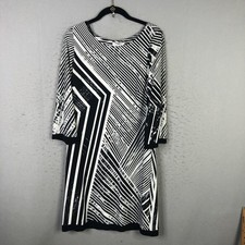 Calvin Klein Dress Womens 6 Black White Geometric Stripe Sheath 3/4 Sleeve