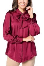 Dennis Basso Button-Front Blouse with Tie Neck Raspberry Kiss