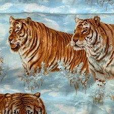 Siberian Tigers In Blue Floral Fields Snow Exclusively Quilters 1.7 Yards