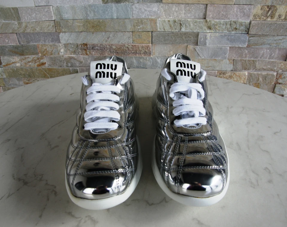 MIU Sneakers Scarpe con Lacci Argento Taglie 37,5 38 39,5 41 Origin. - Immagine 2 di 4
