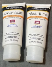 Neutrogena Clear Face Sunscreen Lotion Sunblock Lotion LOT OF 2 Helioplex SPF 30