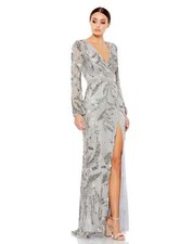 Mac Duggal 5222 Swirl Sequin Long Sleeve Faux Wrap Gown Sz 6 Platinum $598