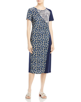 Weekend Max Mara Cuba Patchwork Print Midi Jersey Dress Size L Blue