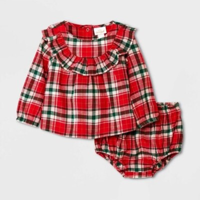 NEW! Baby Girls Holiday 2pc Plaid Ruffle Top & Bottom Set, Red - Cat & Jack 18M