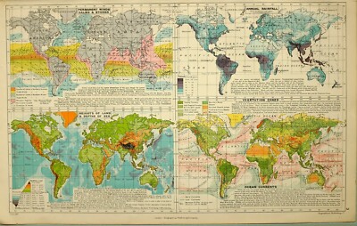 1909 Landkarte Welt Vegetation Zones Annual Rainfall Winds Beruhigt & Storms