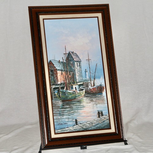 Pintura al óleo sobre lienzo original firmada por Max Savy de 18"x30", arte de escena de puerto - Imagen 7 de 12