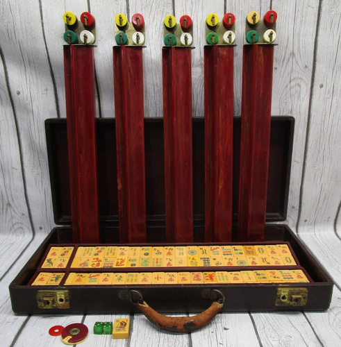 Vintage MAJ JONG SET 165 Bakelite Tiles with 5 Racks in Original Case