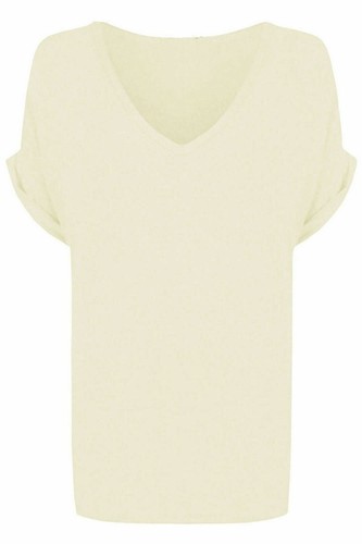 Womens T Shirt Ladies Oversized Baggy Plus Size Loose V Neck Turn Up Batwing Top - Picture 12 of 41
