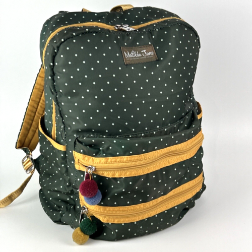 Matilda Jane Cross Campus Backpack Girls Green Polka Dot Pom Pom Zippers - Afbeelding 1 van 15
