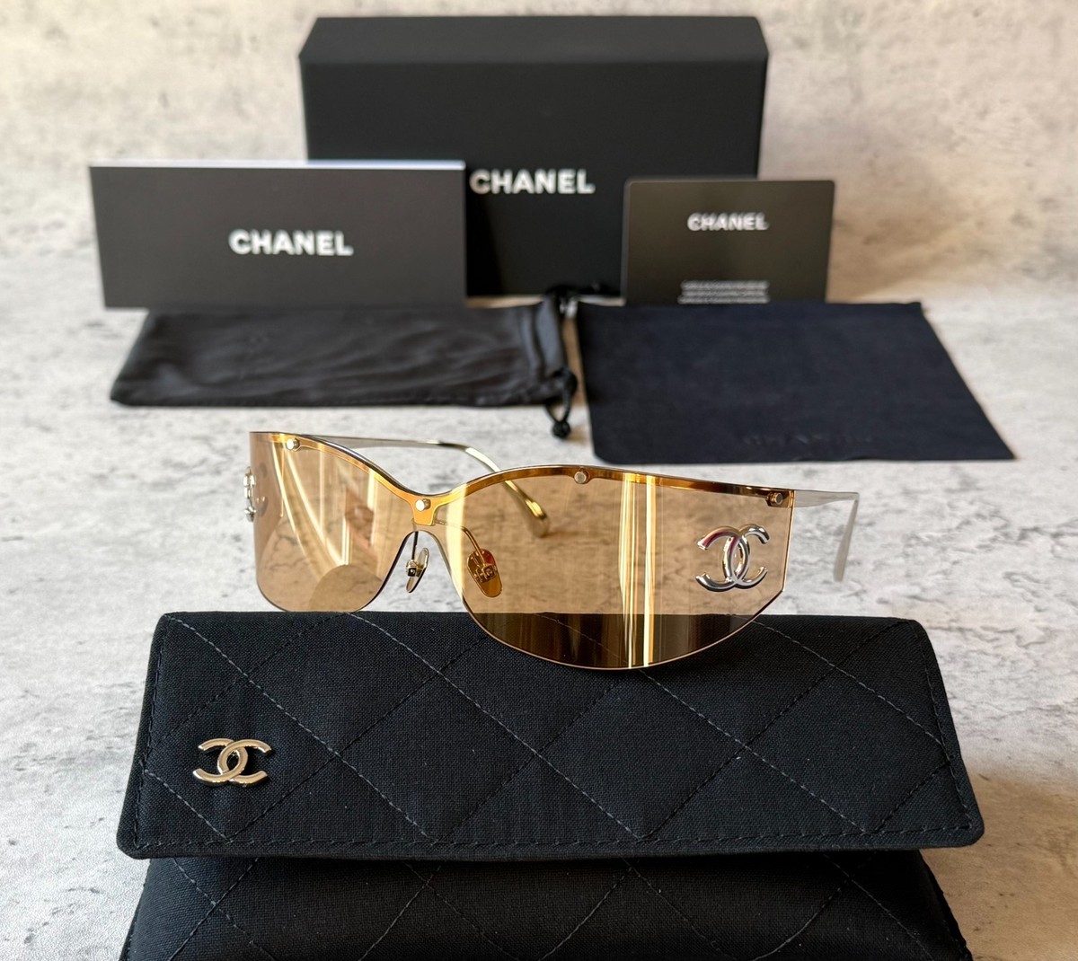 CHANEL SUNGLASSES BROWN SHIELD CH71787 CH9582 SILVER FRAME 100