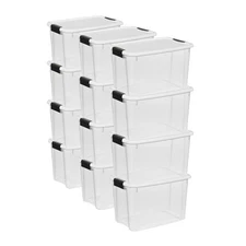 Sterilite 30 Qt Clear Plastic Stackable Storage Bin w/White Latch Lid, (12 Pack)