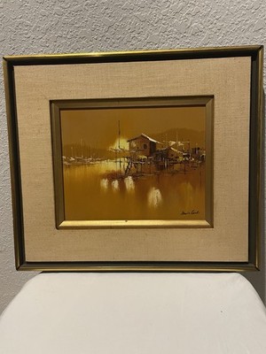 Vintage Impressionist Harbor Seascape by Lewis Conti Signed Oil Painting On Canv